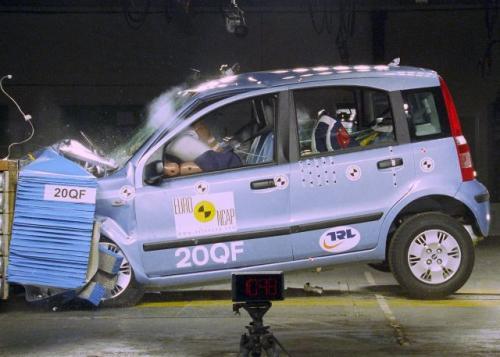Fot. Euro-NCAP: Czołowe, niesymetryczne najechaniu samochodu z prędkością 64 km/h na odkształcalną, prostopadłościenną przeszkodę znajdującą się po stronie kierowcy i przesuniętą o 40 procent w stosunku do osi symetrii pojazdu (tzw. offset). Na zdjęciu F Fot. Euro-NCAP: Czołowe, niesymetryczne najechaniu samochodu z prędkością 64 km/h na odkształcalną, prostopadłościenną przeszkodę znajdującą się po stronie kierowcy i przesuniętą o 40 procent w stosunku do osi symetrii pojazdu (tzw. offset). Na zdjęciu F